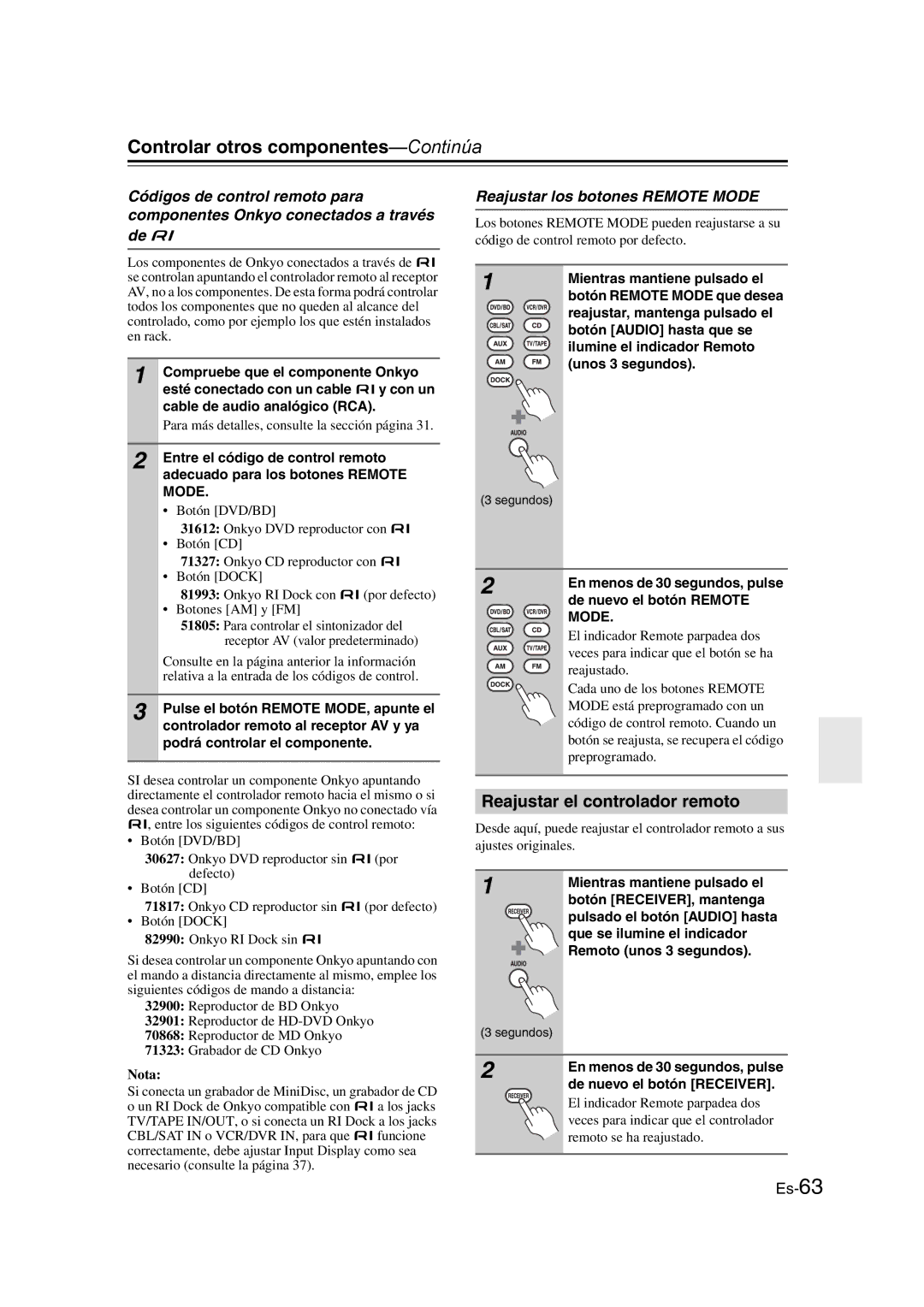 Onkyo TX-SR307 Controlar otros componentes-Continúa, Reajustar el controlador remoto, Reajustar los botones Remote Mode 