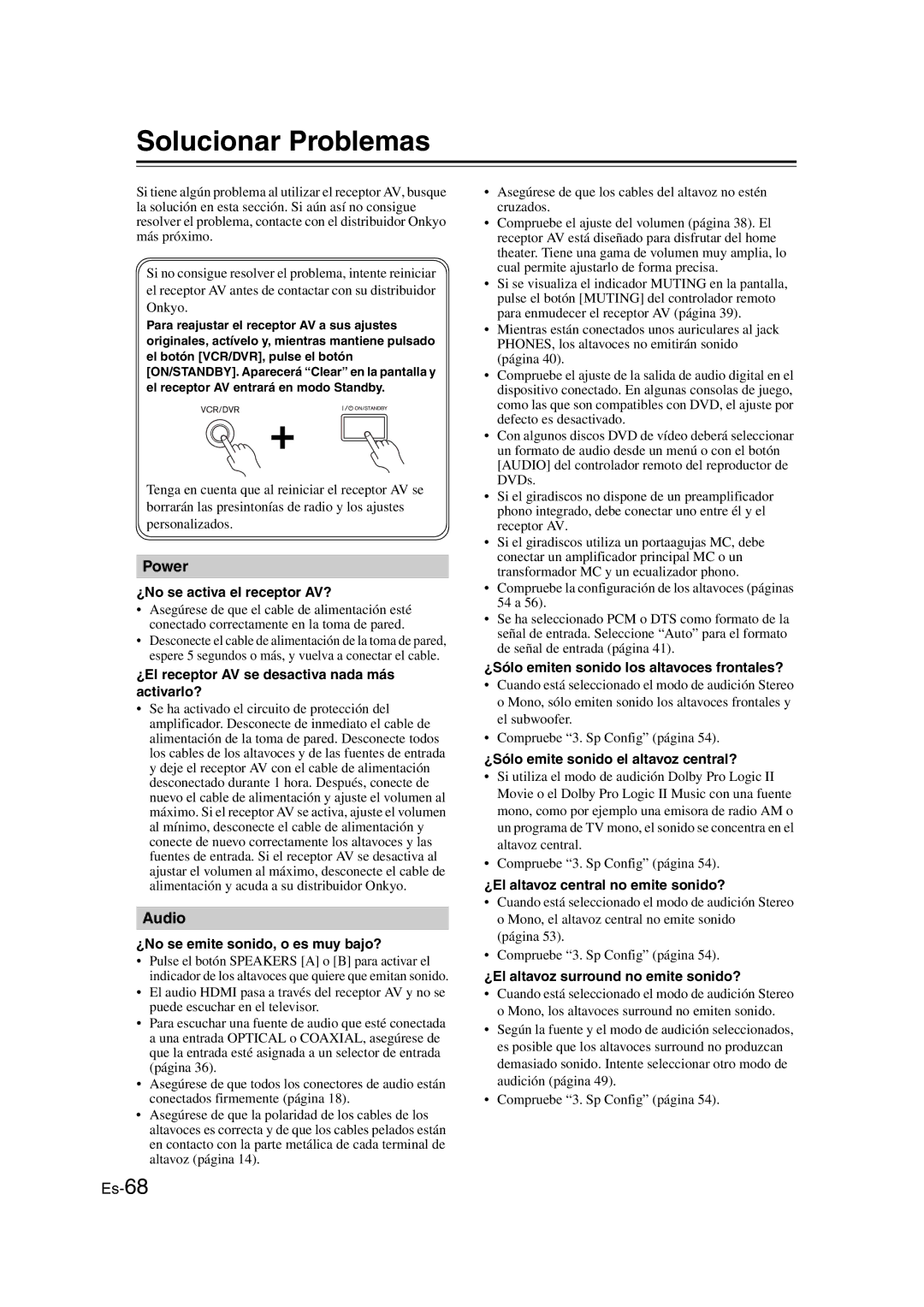 Onkyo TX-SR307 manual Solucionar Problemas 