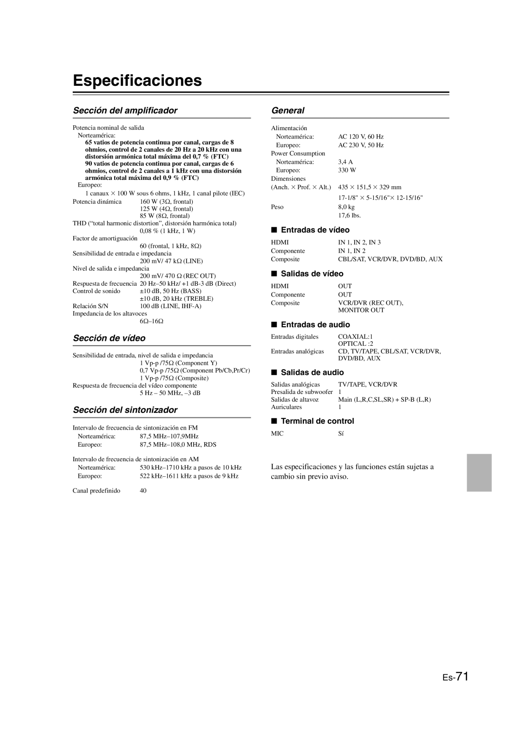 Onkyo TX-SR307 manual Especificaciones, Sección del amplificador, Sección de vídeo, Sección del sintonizador, General 