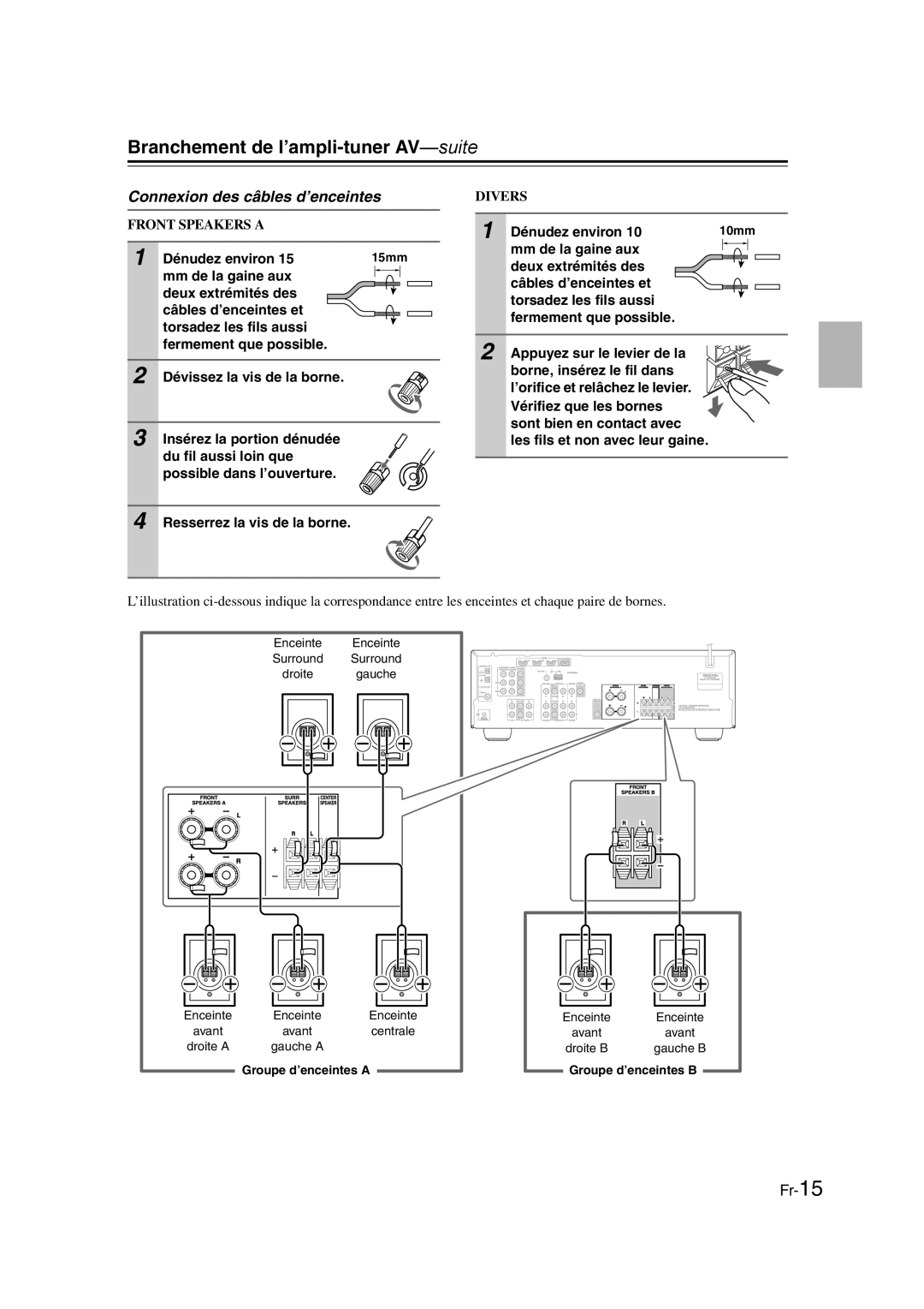 Onkyo TX-SR307 manual Branchement de l’ampli-tuner AV-suite, Connexion des câbles d’enceintes, Dénudez environ 