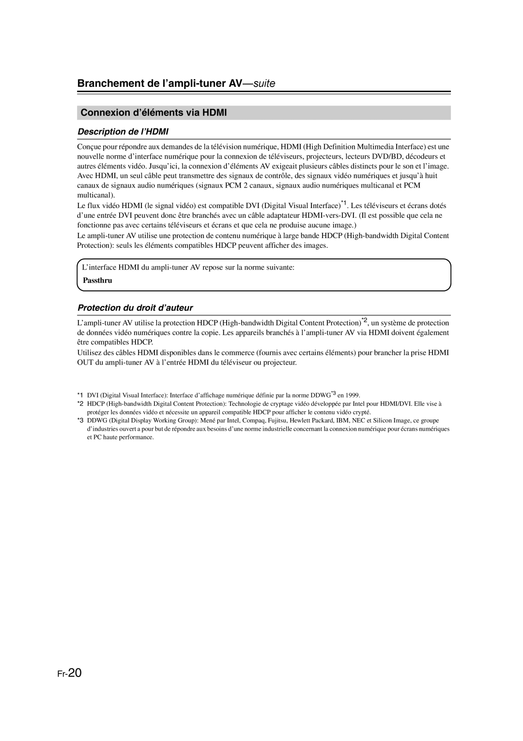 Onkyo TX-SR307 manual Connexion d’éléments via Hdmi, Description de l’HDMI, Protection du droit d’auteur, Passthru 