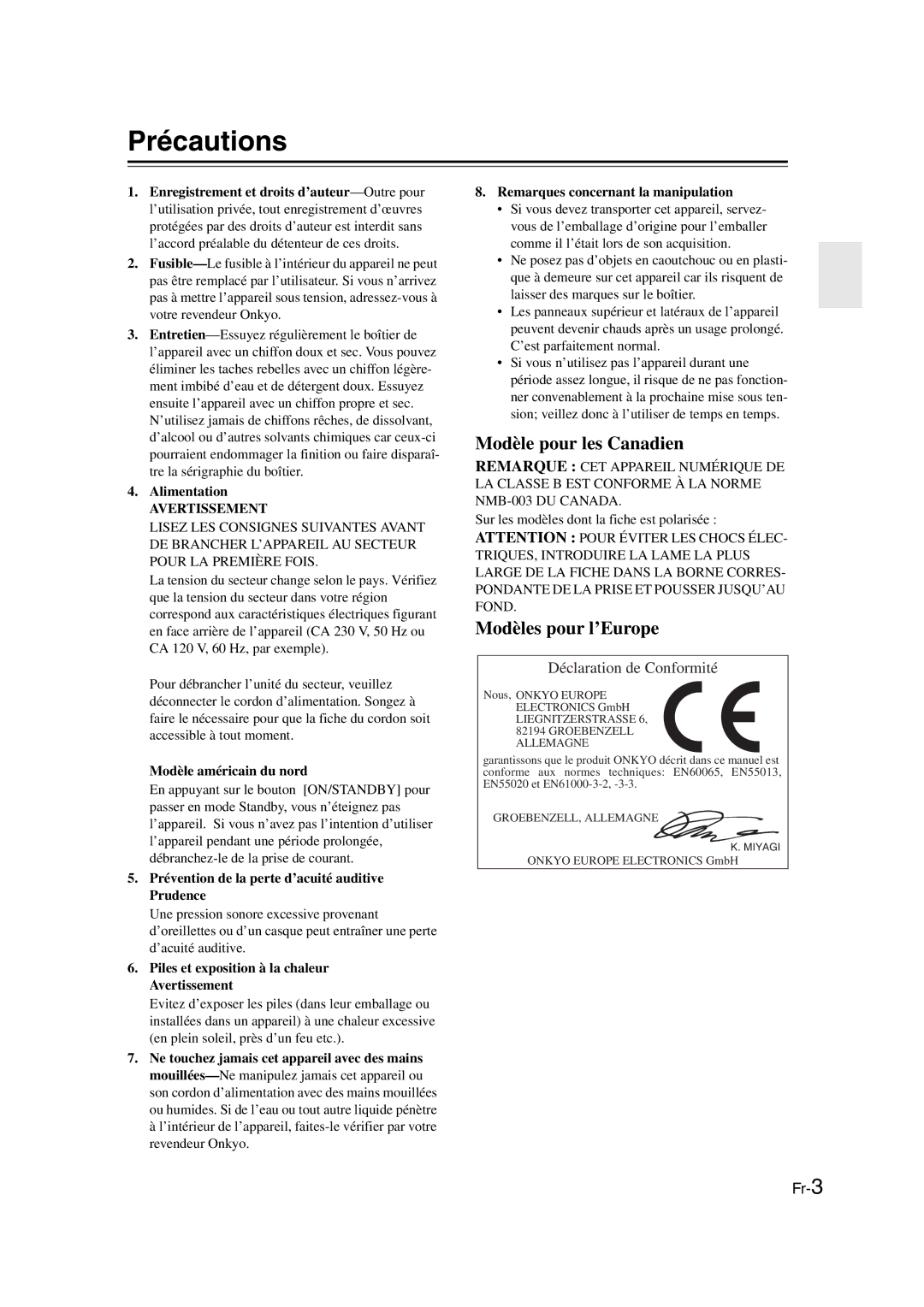 Onkyo TX-SR307 Précautions, Alimentation, Modèle américain du nord, Prévention de la perte d’acuité auditive Prudence 