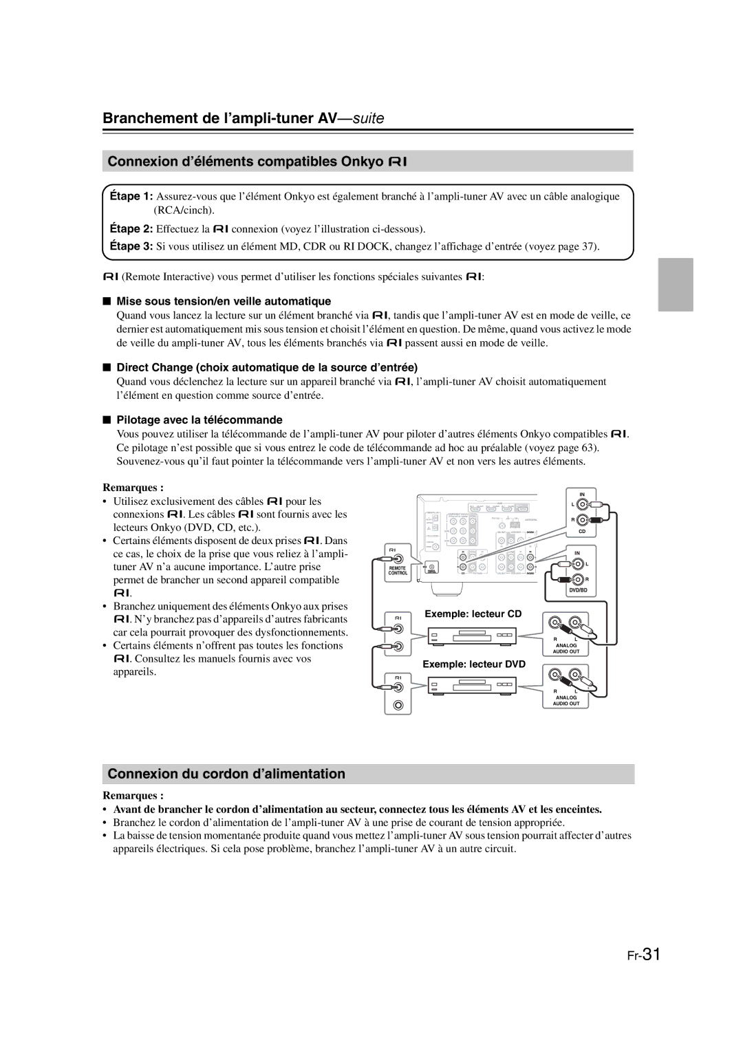 Onkyo TX-SR307 Connexion d’éléments compatibles Onkyo u, Connexion du cordon d’alimentation, Pilotage avec la télécommande 