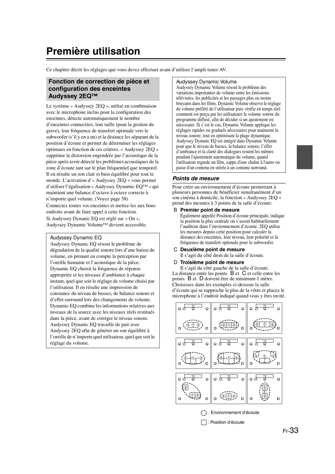 Onkyo TX-SR307 manual Première utilisation, Points de mesure, Premier point de mesure, Deuxième point de mesure 