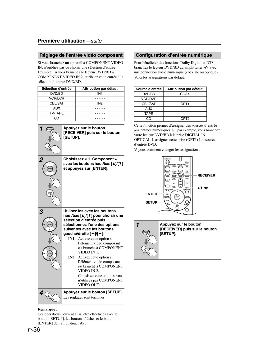 Onkyo TX-SR307 manual Réglage de l’entrée vidéo composant, Configuration d’entrée numérique 