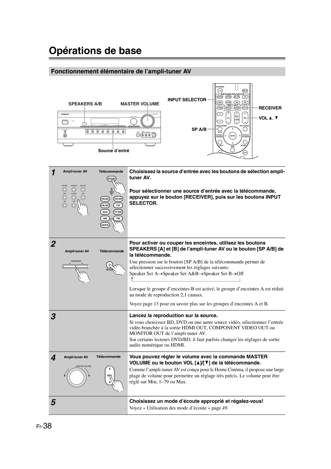 Onkyo TX-SR307 manual Opérations de base, Fonctionnement élémentaire de l’ampli-tuner AV 