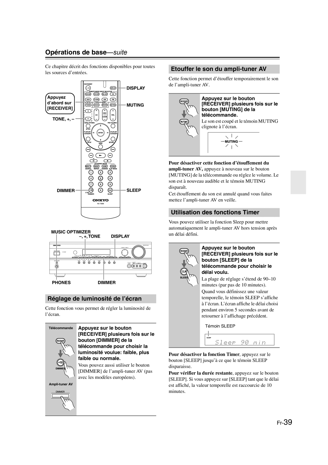 Onkyo TX-SR307 manual Opérations de base-suite, Réglage de luminosité de l’écran, Etouffer le son du ampli-tuner AV 