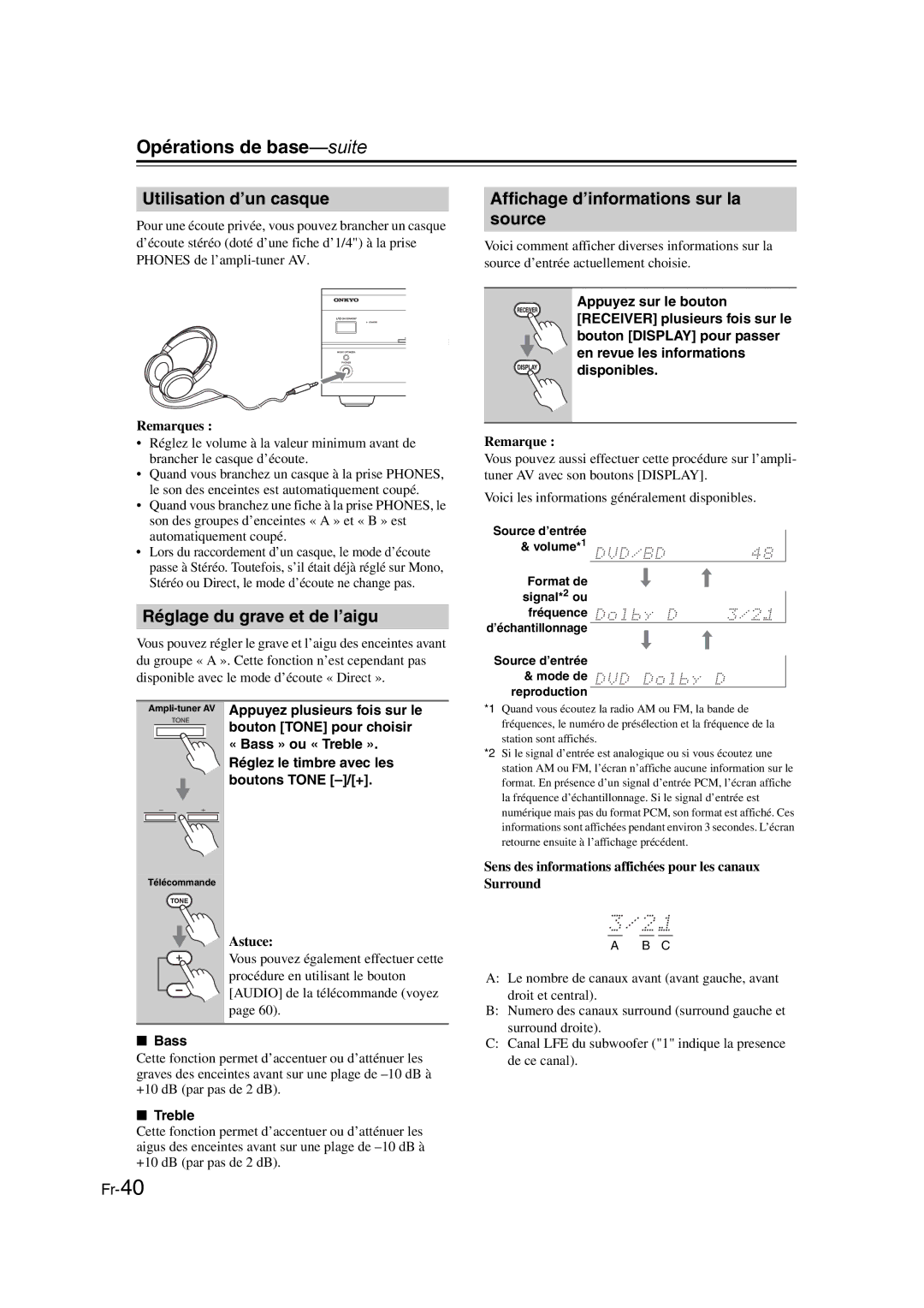 Onkyo TX-SR307 manual Utilisation d’un casque, Réglage du grave et de l’aigu, Affichage d’informations sur la source, Bass 