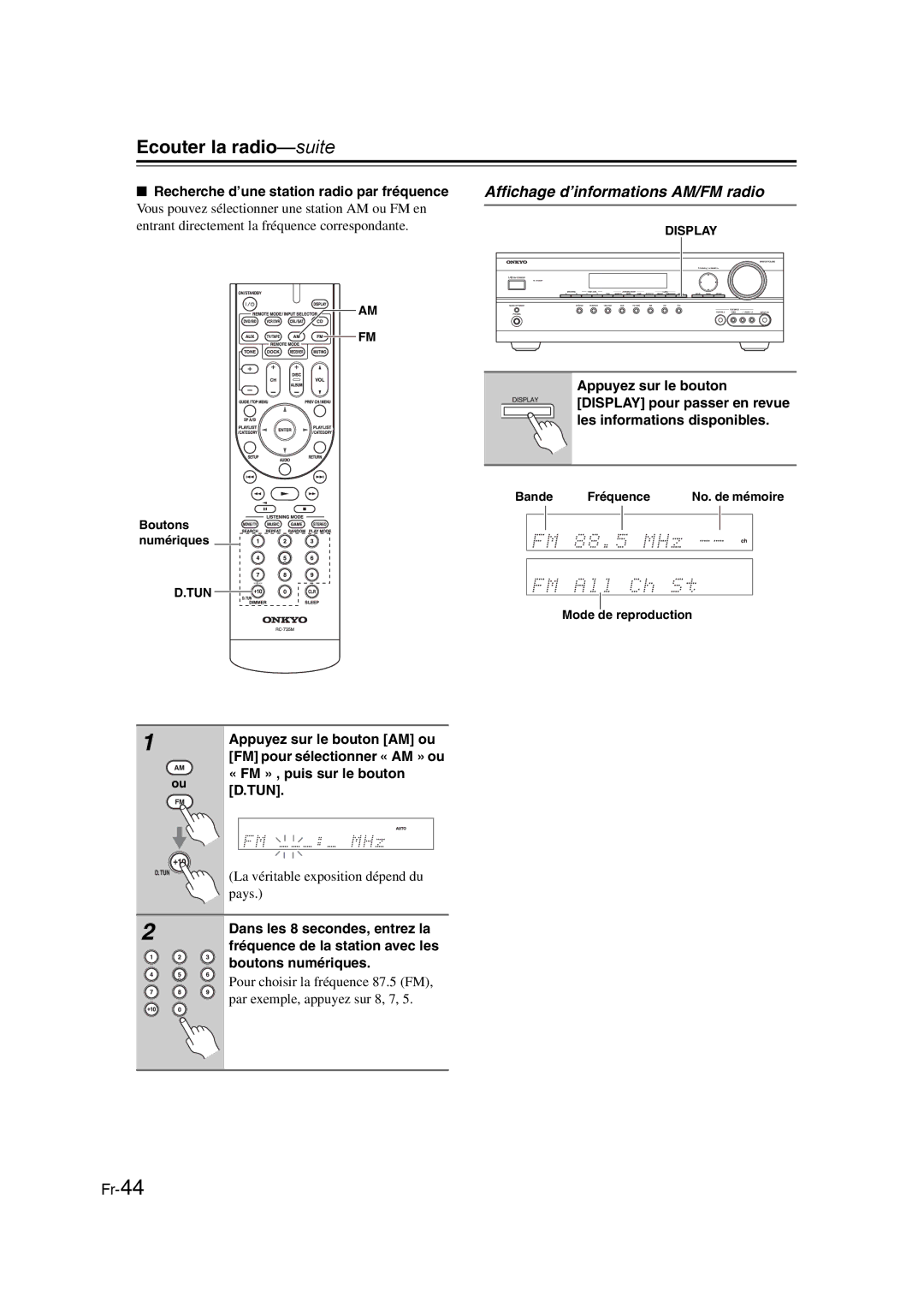 Onkyo TX-SR307 manual Affichage d’informations AM/FM radio 