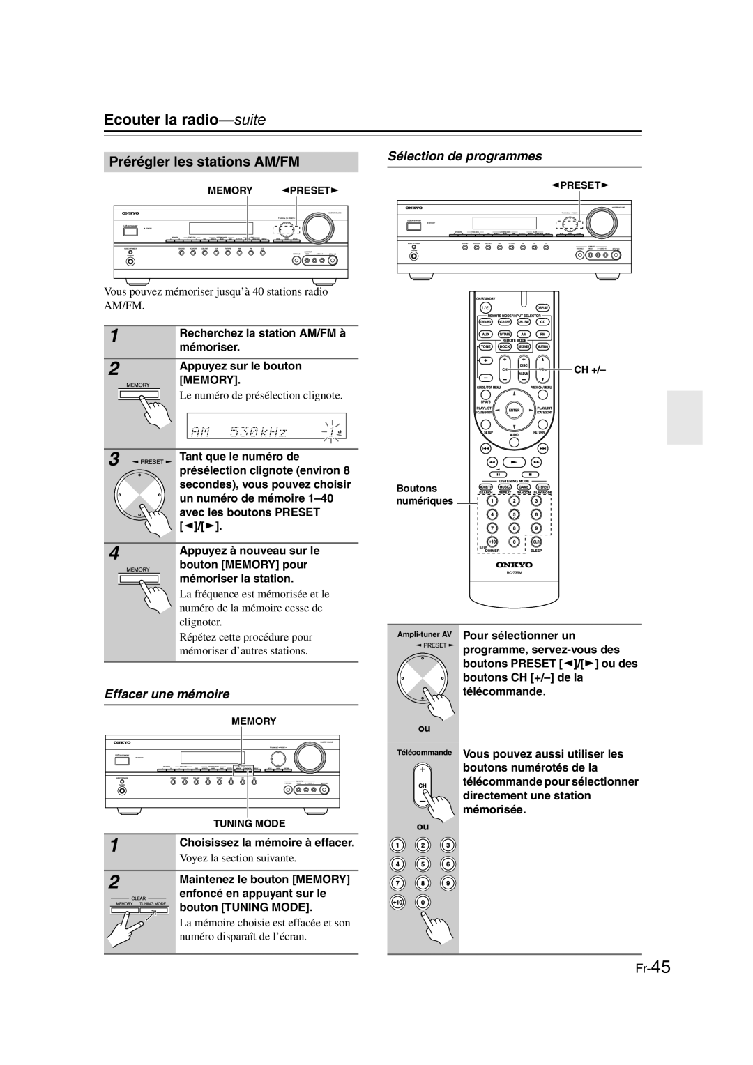 Onkyo TX-SR307 manual Prérégler les stations AM/FM, Effacer une mémoire, Sélection de programmes 