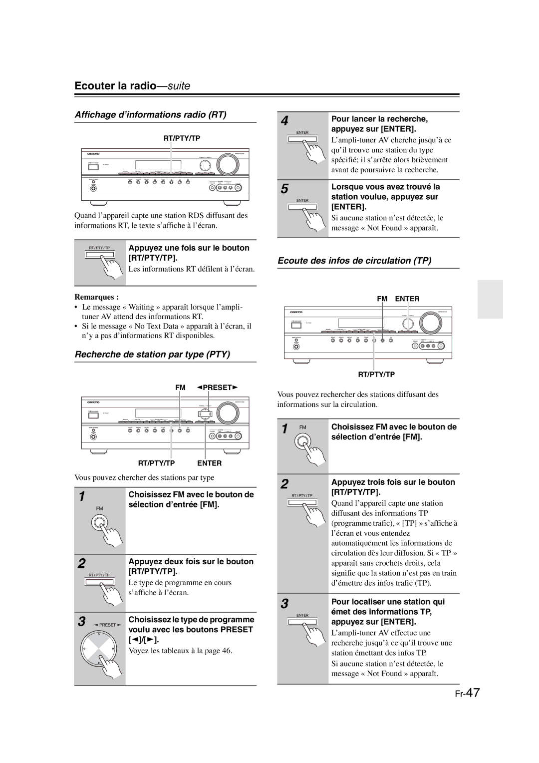 Onkyo TX-SR307 Affichage d’informations radio RT, Ecoute des infos de circulation TP, Recherche de station par type PTY 