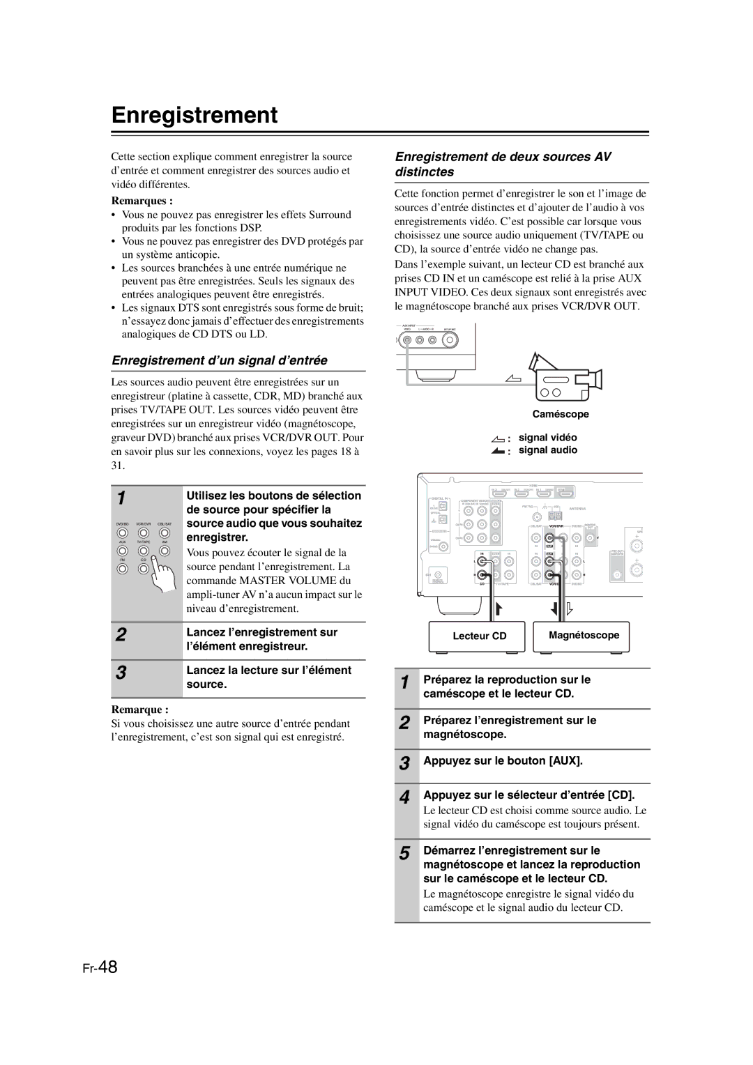 Onkyo TX-SR307 manual Enregistrement 