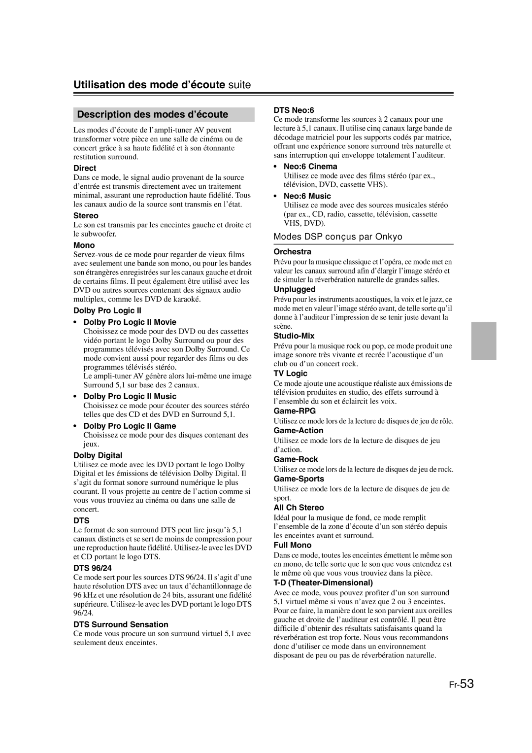 Onkyo TX-SR307 manual Description des modes d’écoute, Modes DSP conçus par Onkyo 