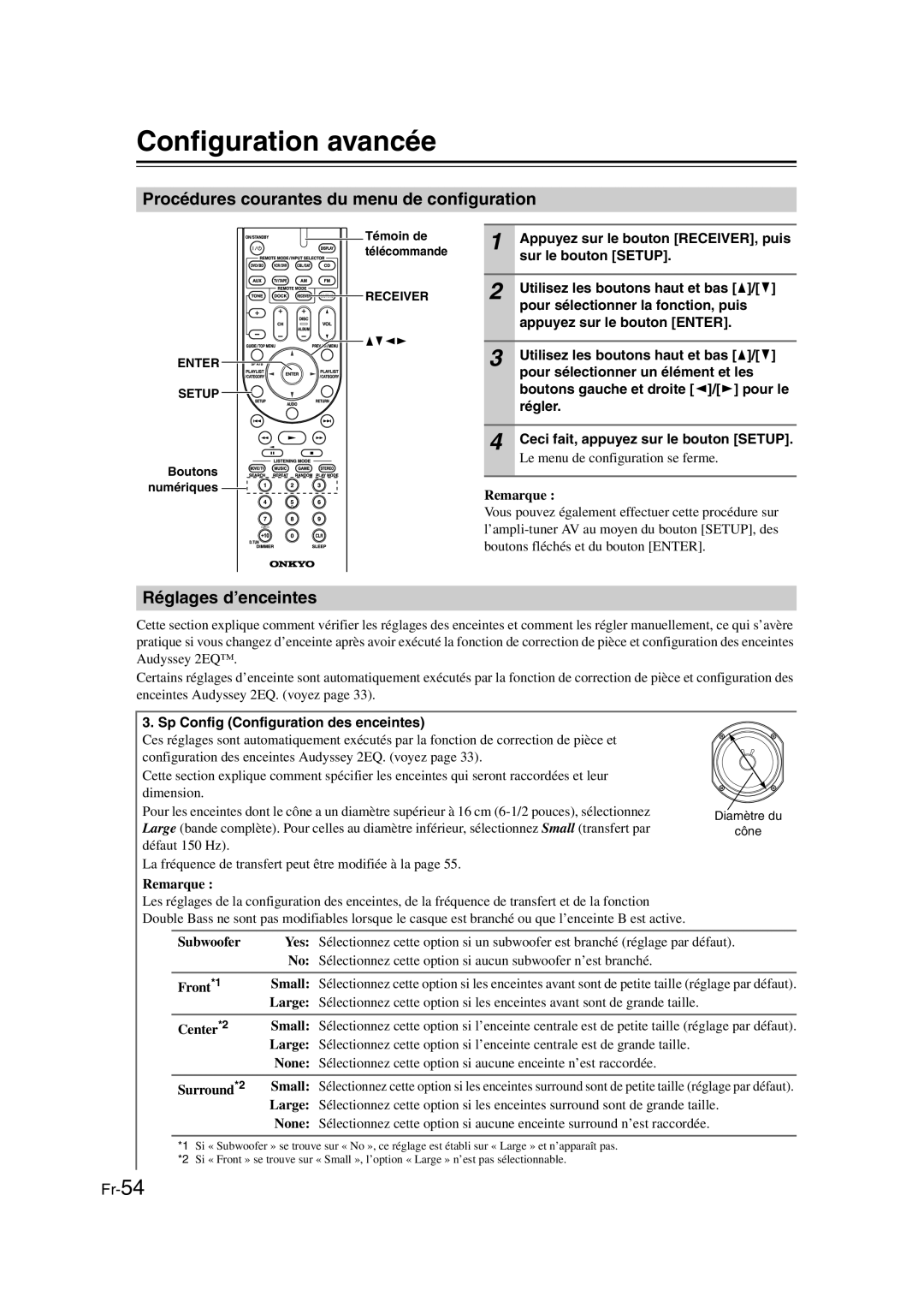 Onkyo TX-SR307 manual Configuration avancée, Procédures courantes du menu de configuration, Réglages d’enceintes 