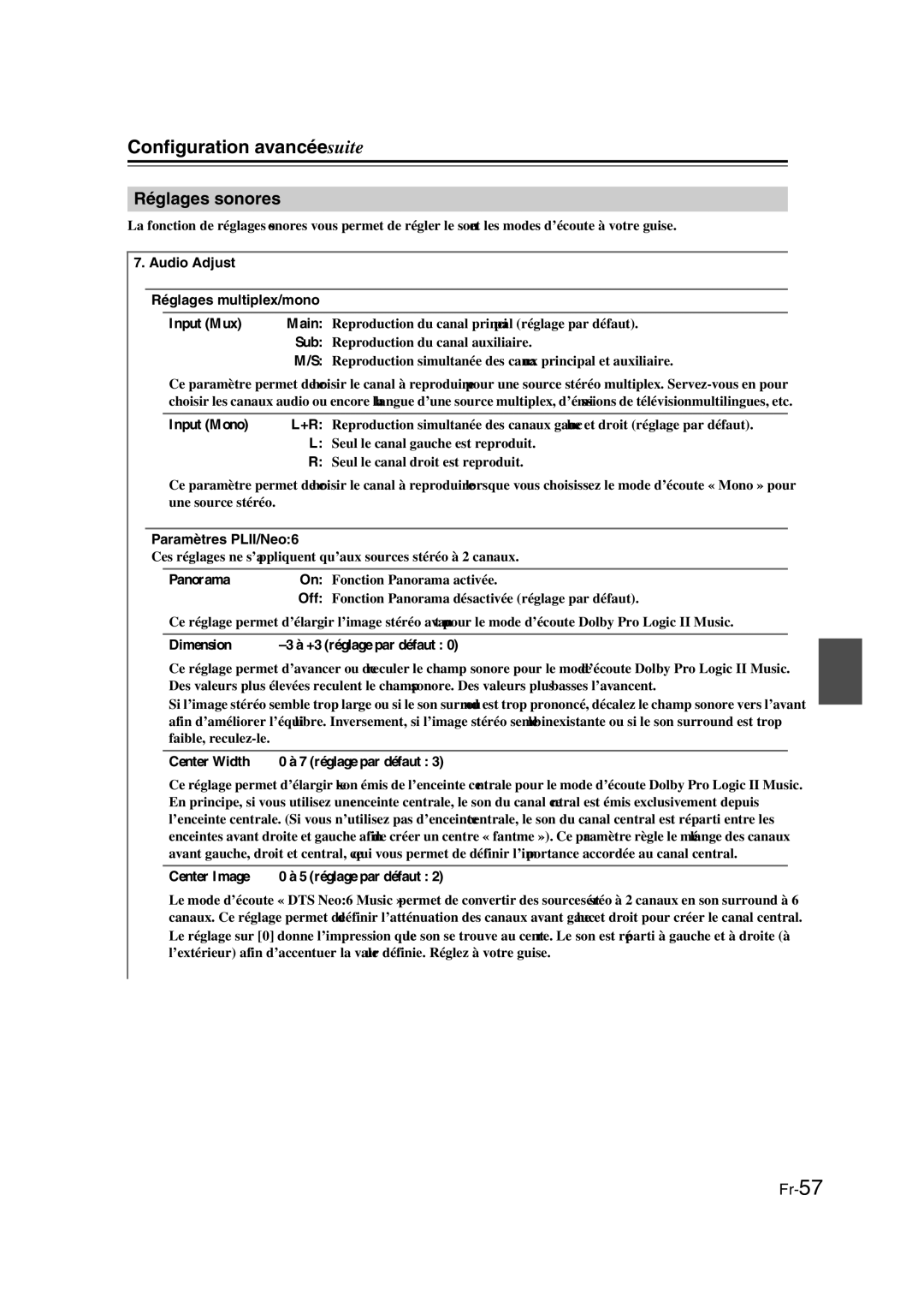 Onkyo TX-SR307 manual Réglages sonores, Audio Adjust Réglages multiplex/mono, Paramètres PLII/Neo6 