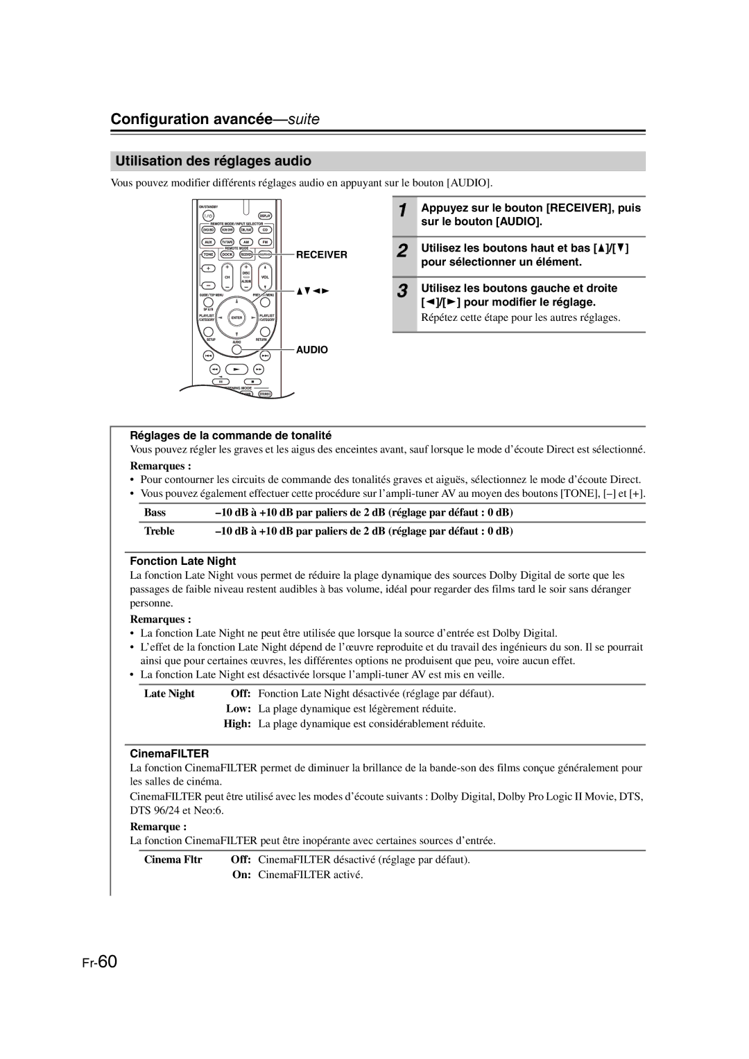 Onkyo TX-SR307 manual Utilisation des réglages audio 