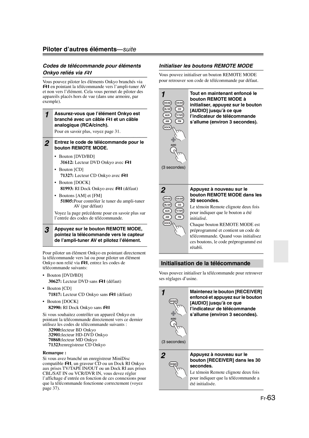 Onkyo TX-SR307 Piloter d’autres éléments-suite, Initialisation de la télécommande, Initialiser les boutons Remote Mode 