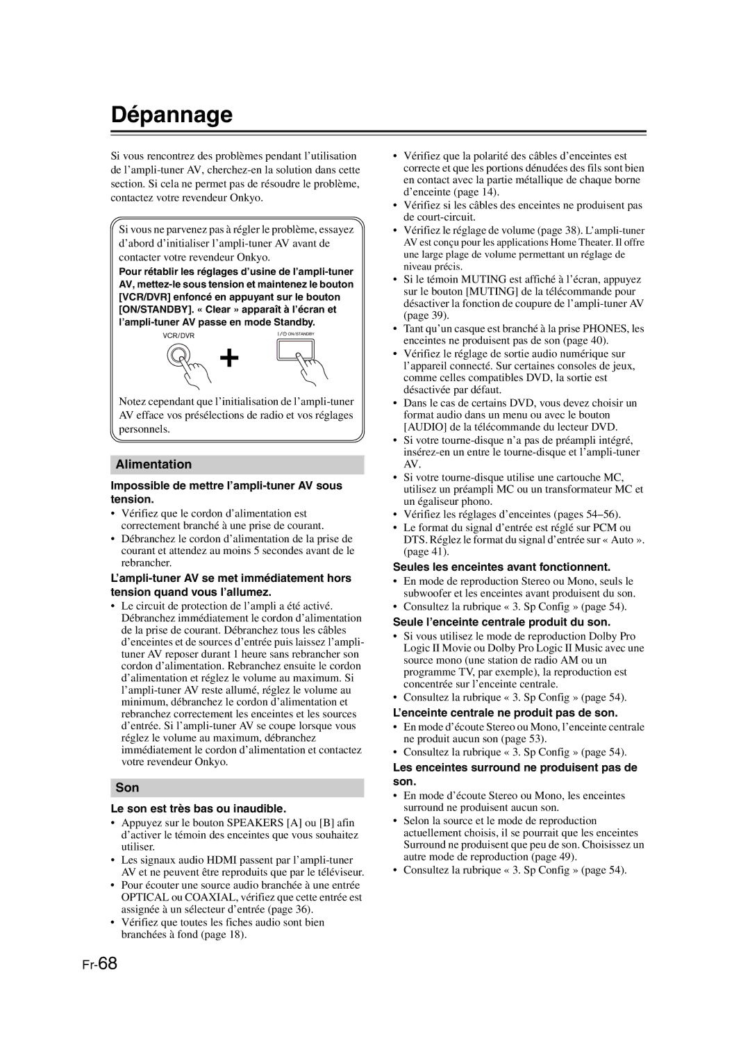 Onkyo TX-SR307 manual Dépannage 