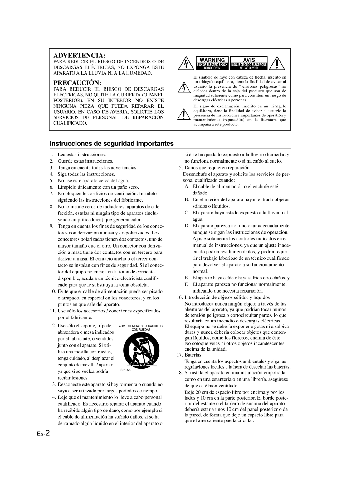 Onkyo TX-SR307 manual Advertencia, Instrucciones de seguridad importantes 