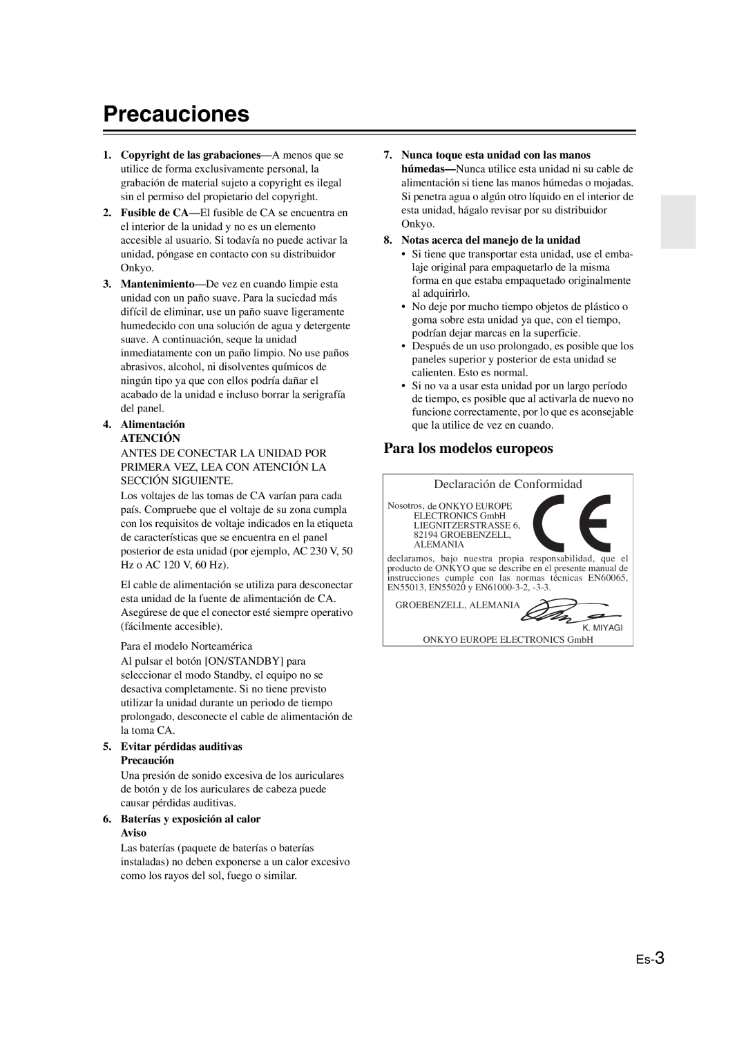 Onkyo TX-SR307 Precauciones, Alimentación, Evitar pérdidas auditivas Precaución, Baterías y exposición al calor Aviso 