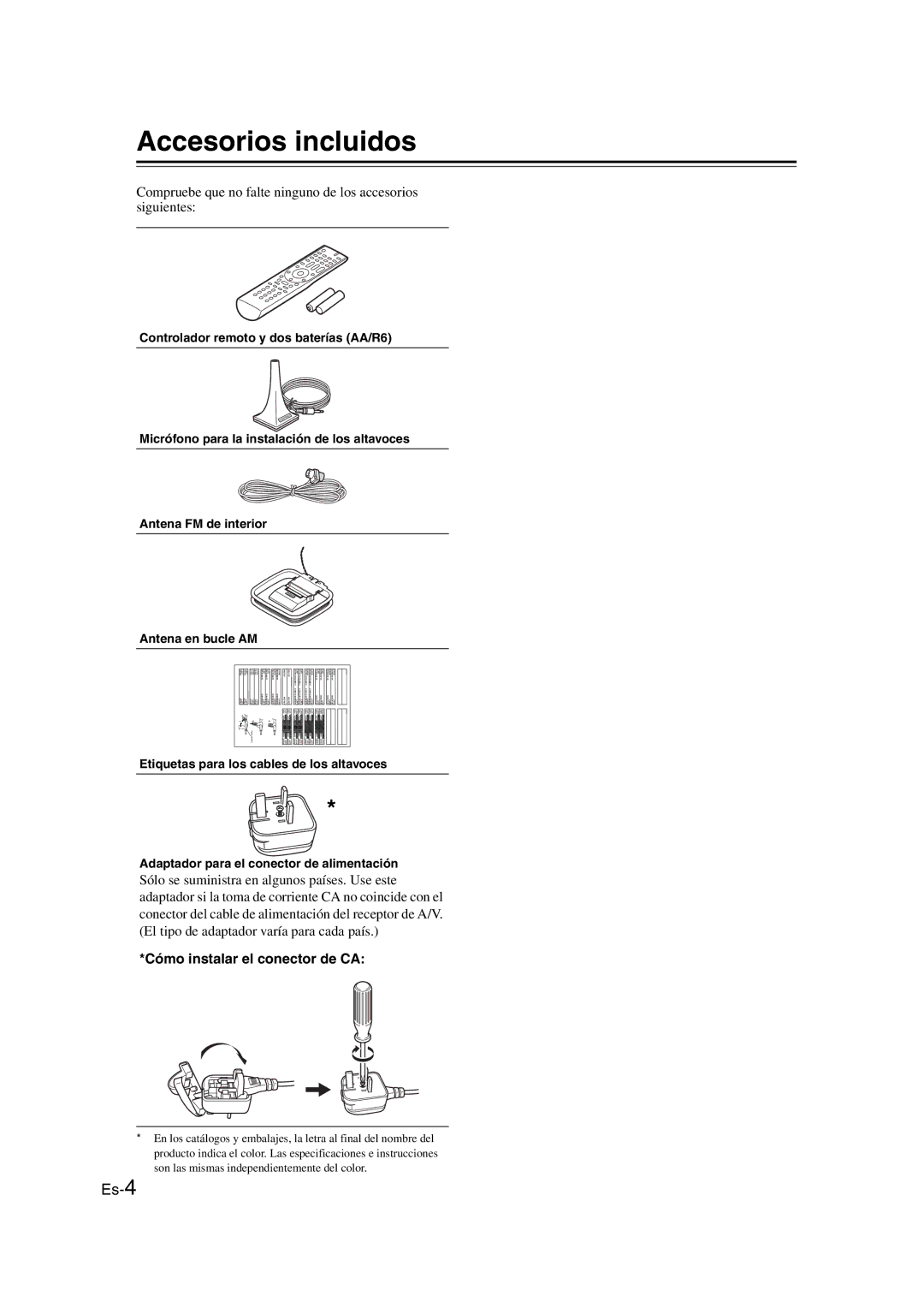 Onkyo TX-SR307 manual Accesorios incluidos, Cómo instalar el conector de CA 