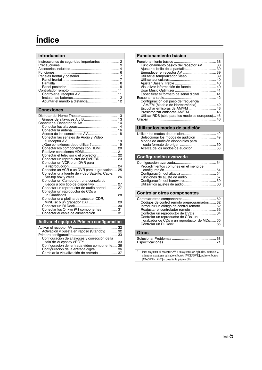 Onkyo TX-SR307 manual Índice, Introducción 