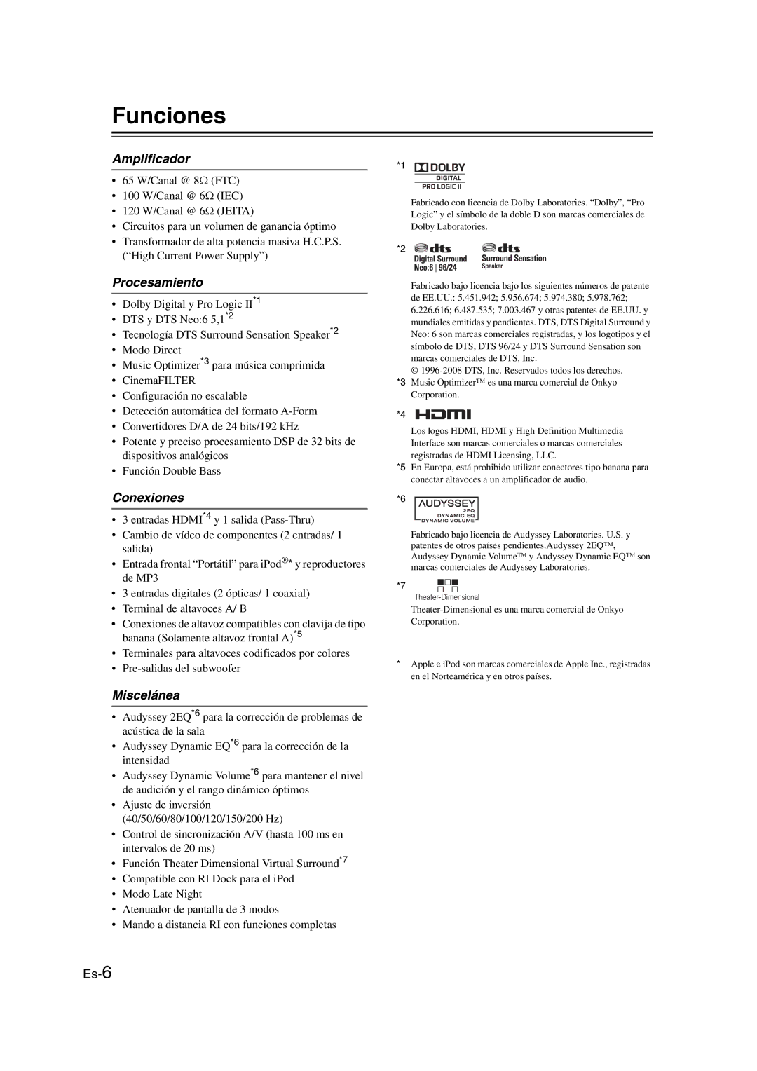 Onkyo TX-SR307 manual Funciones, Amplificador, Procesamiento, Conexiones, Miscelánea 