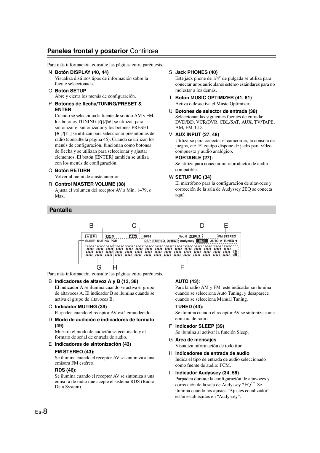 Onkyo TX-SR307 manual Paneles frontal y posterior-Continúa, Pantalla 