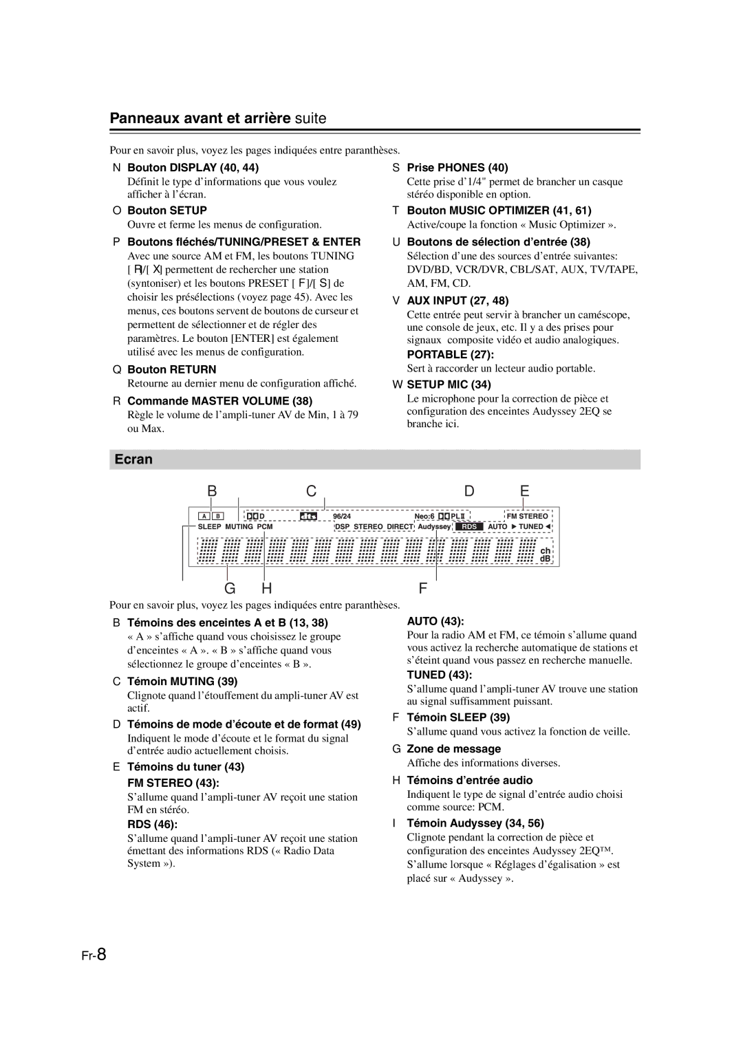 Onkyo TX-SR307 manual Panneaux avant et arrière-suite, Ecran 