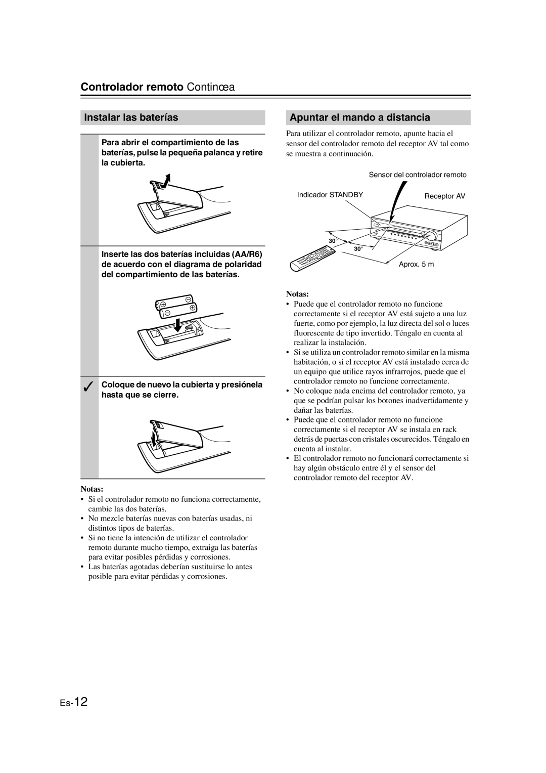 Onkyo TX-SR307 manual Controlador remoto-Continúa, Instalar las baterías, Apuntar el mando a distancia, Notas 