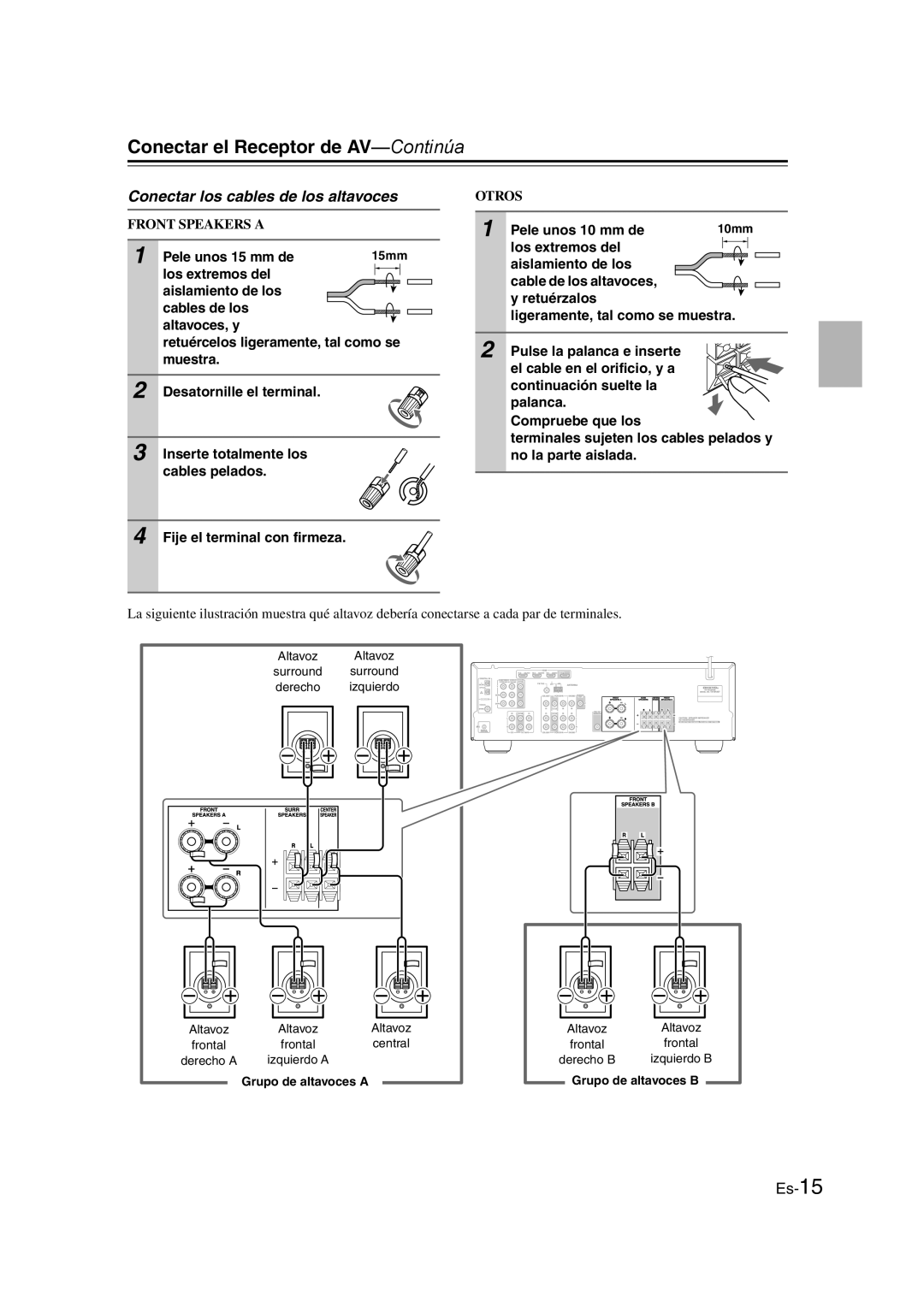 Onkyo TX-SR307 manual Conectar el Receptor de AV-Continúa, Conectar los cables de los altavoces, Pele unos 15 mm de 