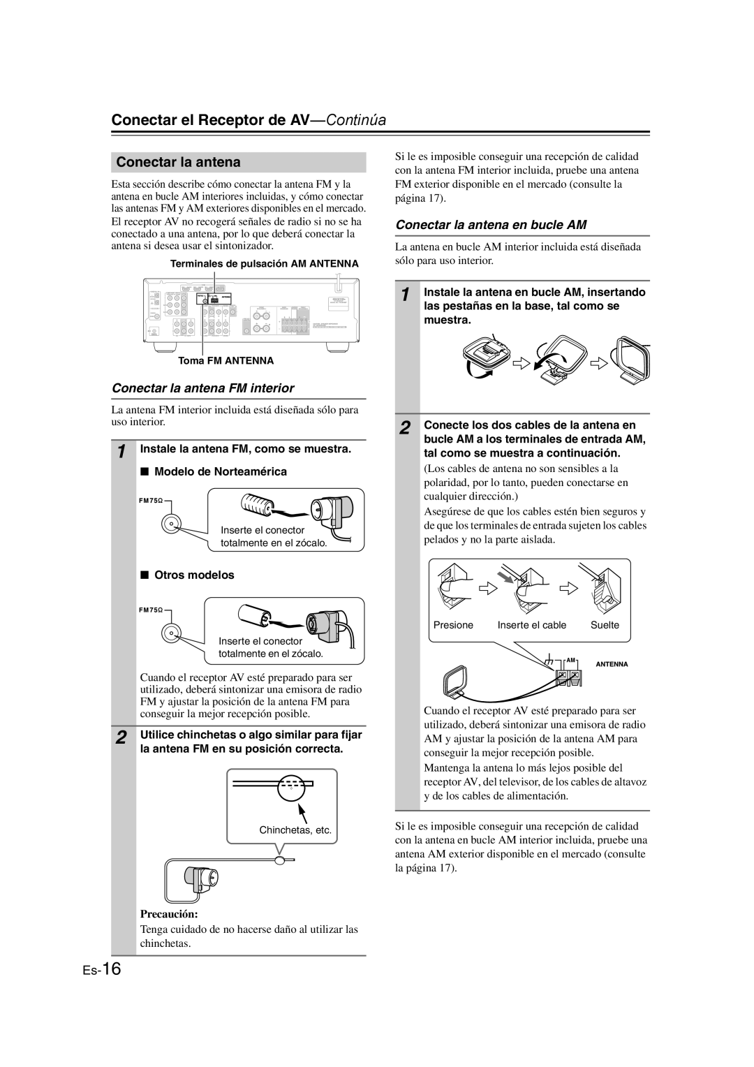 Onkyo TX-SR307 manual Conectar la antena FM interior, Conectar la antena en bucle AM, Otros modelos, Precaución 