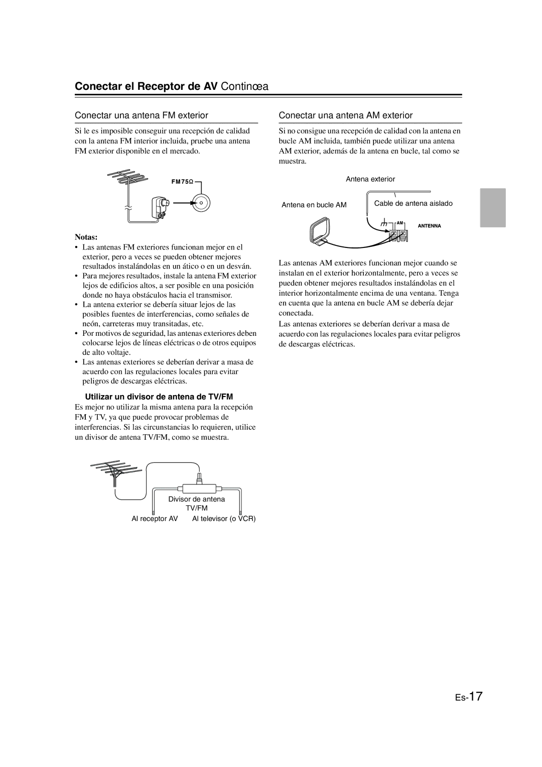 Onkyo TX-SR307 Conectar una antena FM exterior, Conectar una antena AM exterior, Utilizar un divisor de antena de TV/FM 