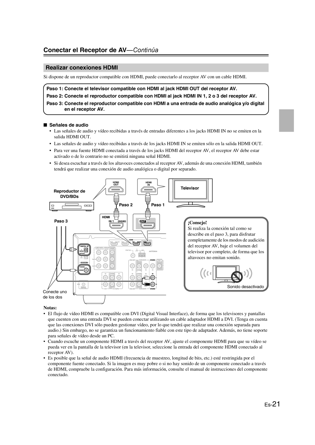 Onkyo TX-SR307 manual Realizar conexiones Hdmi, ¡Consejo, Reproductor de DVD/BDs Paso 