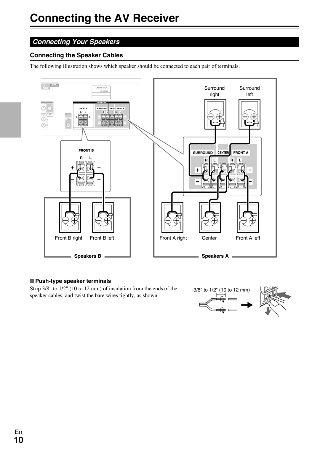 Onkyo TX-SR309 instruction manual Connecting the AV Receiver, Connecting Your Speakers, Connecting the Speaker Cables 