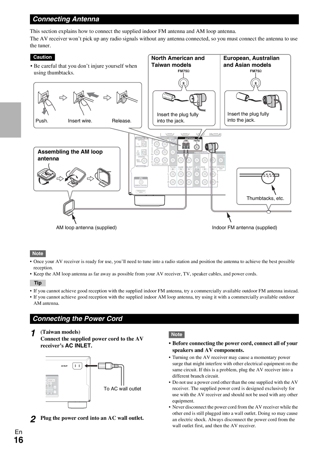 Onkyo TX-SR309 instruction manual Connecting Antenna, Connecting the Power Cord 