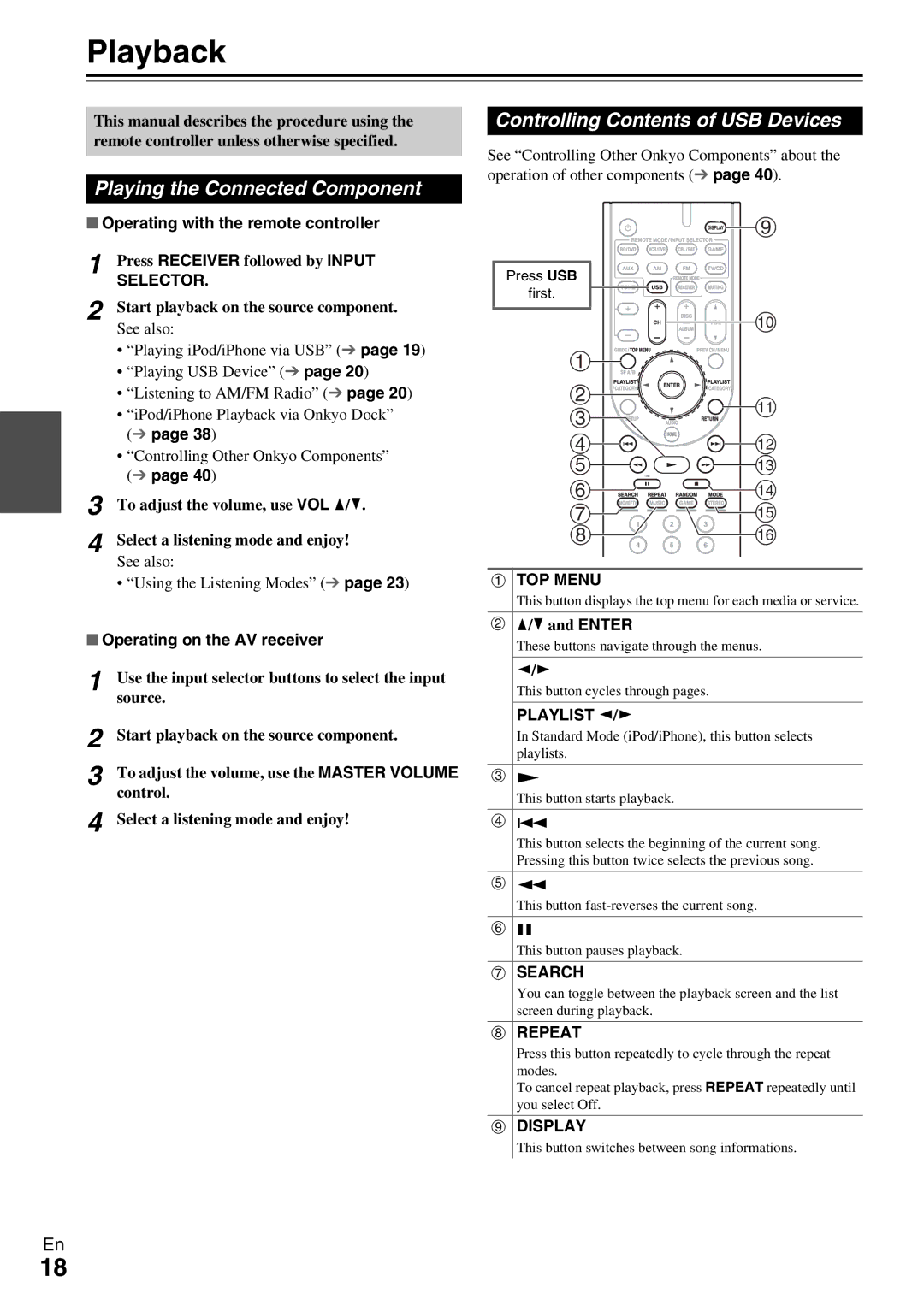 Onkyo TX-SR309 instruction manual Playback, Playing the Connected Component, Controlling Contents of USB Devices 