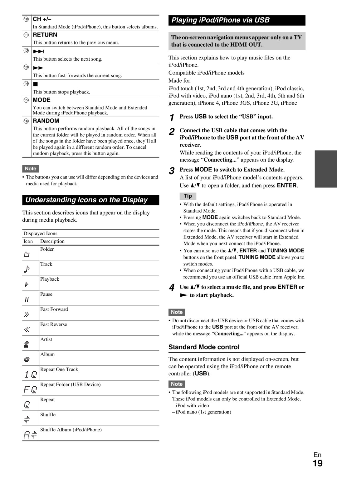 Onkyo TX-SR309 instruction manual Understanding Icons on the Display, Playing iPod/iPhone via USB, Standard Mode control 