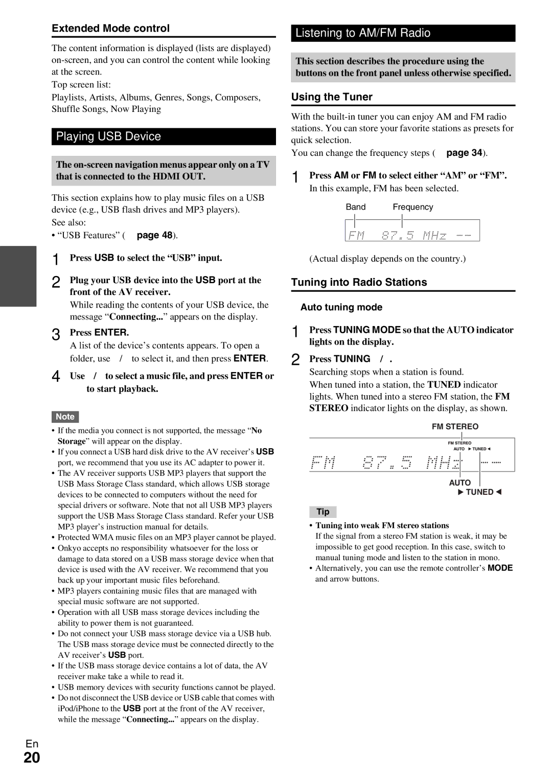 Onkyo TX-SR309 instruction manual Playing USB Device, Listening to AM/FM Radio, Extended Mode control, Using the Tuner 