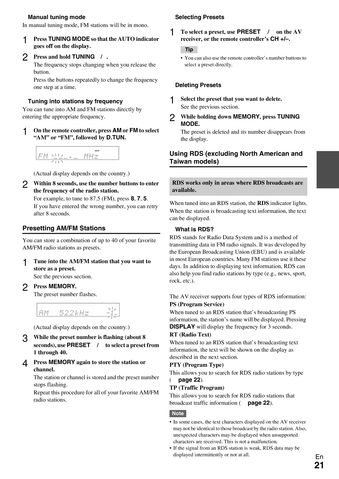 Onkyo TX-SR309 instruction manual Presetting AM/FM Stations, Using RDS excluding North American and Taiwan models 