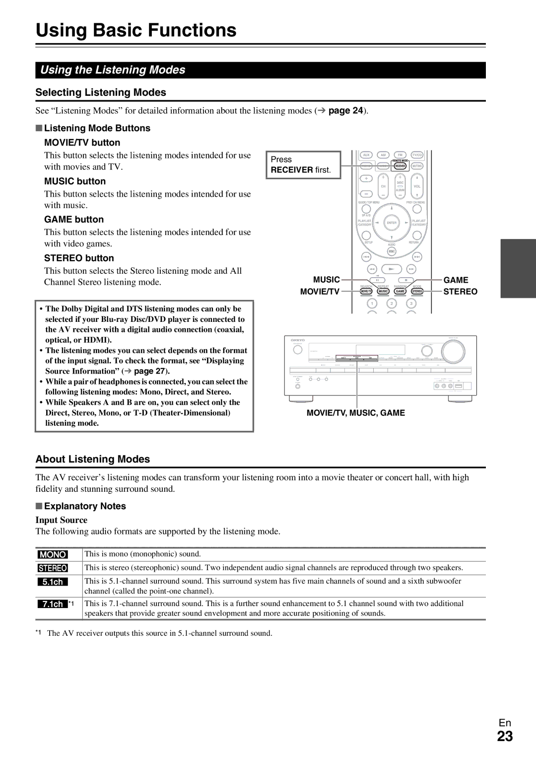 Onkyo TX-SR309 Using Basic Functions, Using the Listening Modes, Selecting Listening Modes, About Listening Modes 