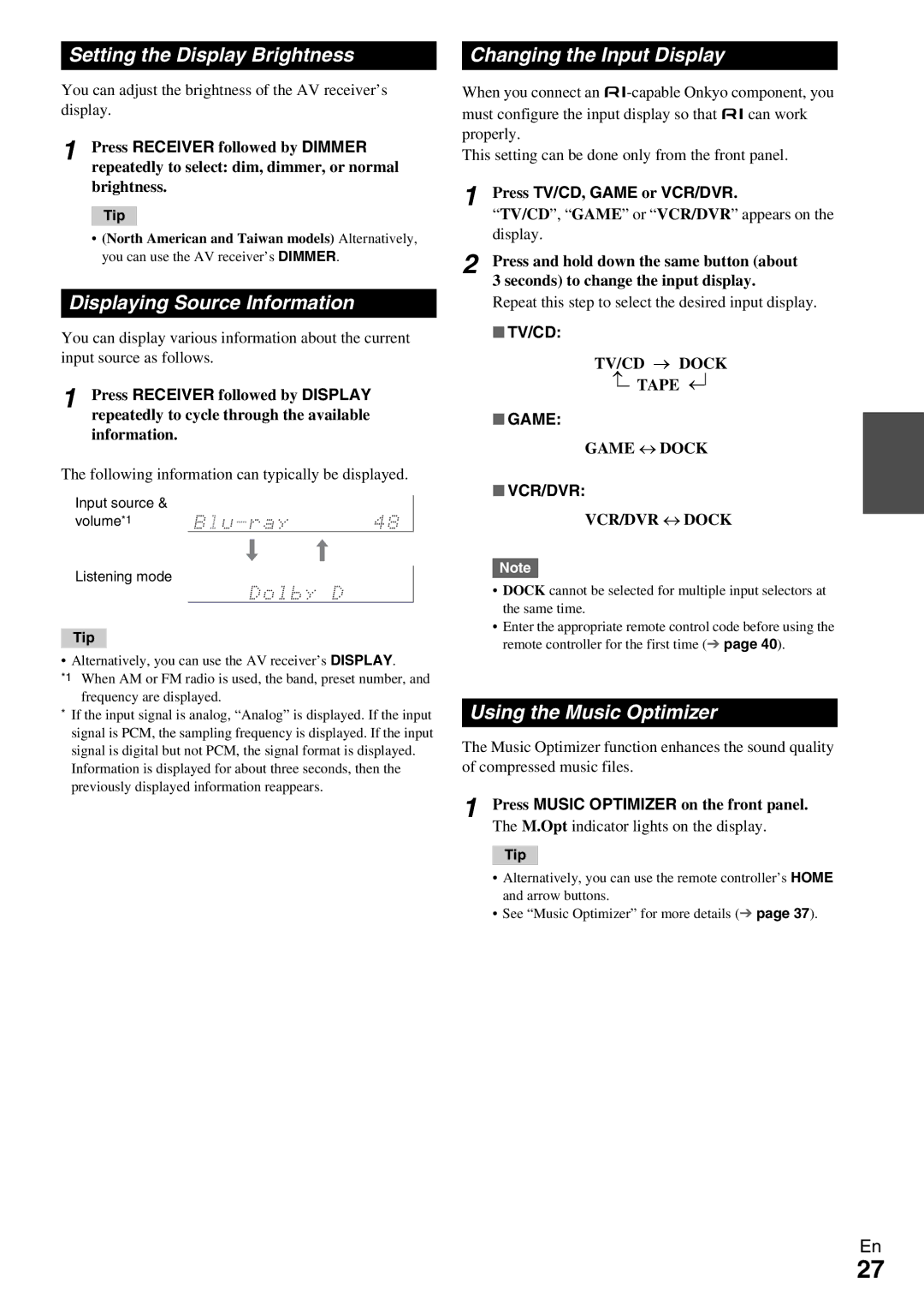 Onkyo TX-SR309 instruction manual Setting the Display Brightness, Displaying Source Information, Changing the Input Display 