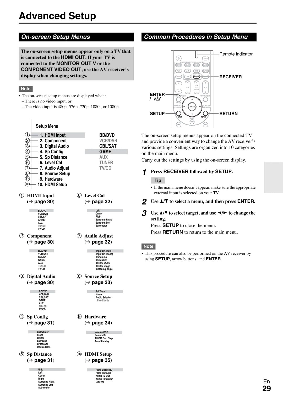 Onkyo TX-SR309 instruction manual Advanced Setup, On-screen Setup Menus, Common Procedures in Setup Menu 