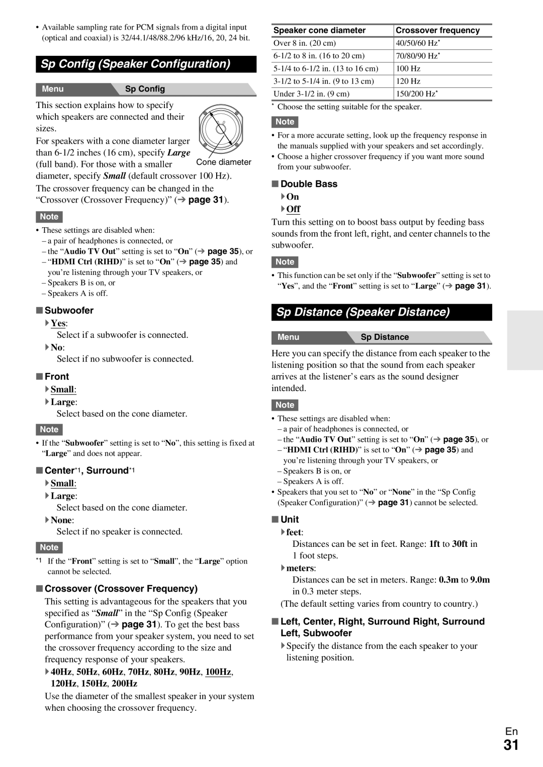 Onkyo TX-SR309 instruction manual Sp Config Speaker Configuration, Sp Distance Speaker Distance 