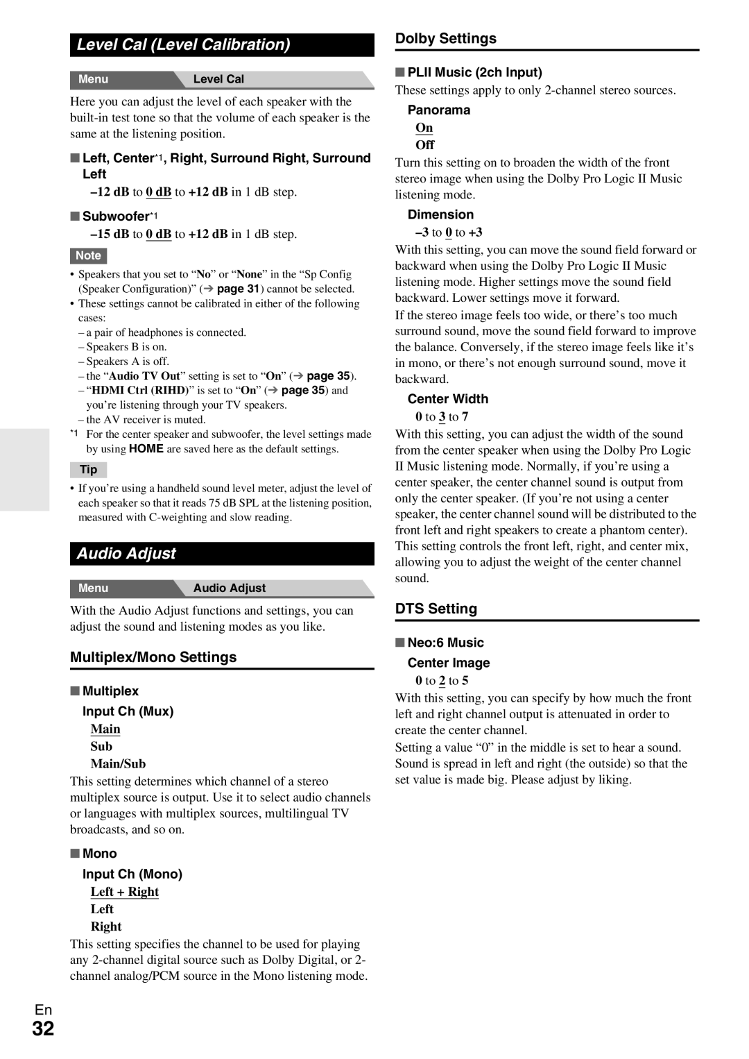 Onkyo TX-SR309 Level Cal Level Calibration, Audio Adjust, Multiplex/Mono Settings, Dolby Settings, DTS Setting 