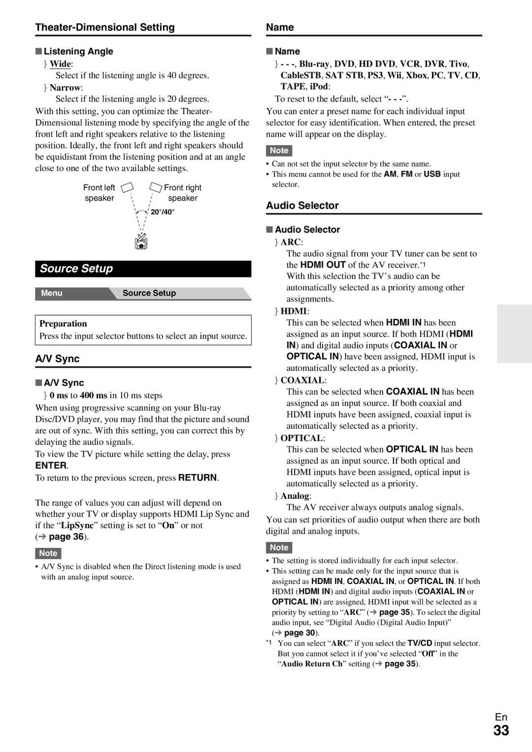 Onkyo TX-SR309 instruction manual Source Setup, Theater-Dimensional Setting Name, Sync, Audio Selector 