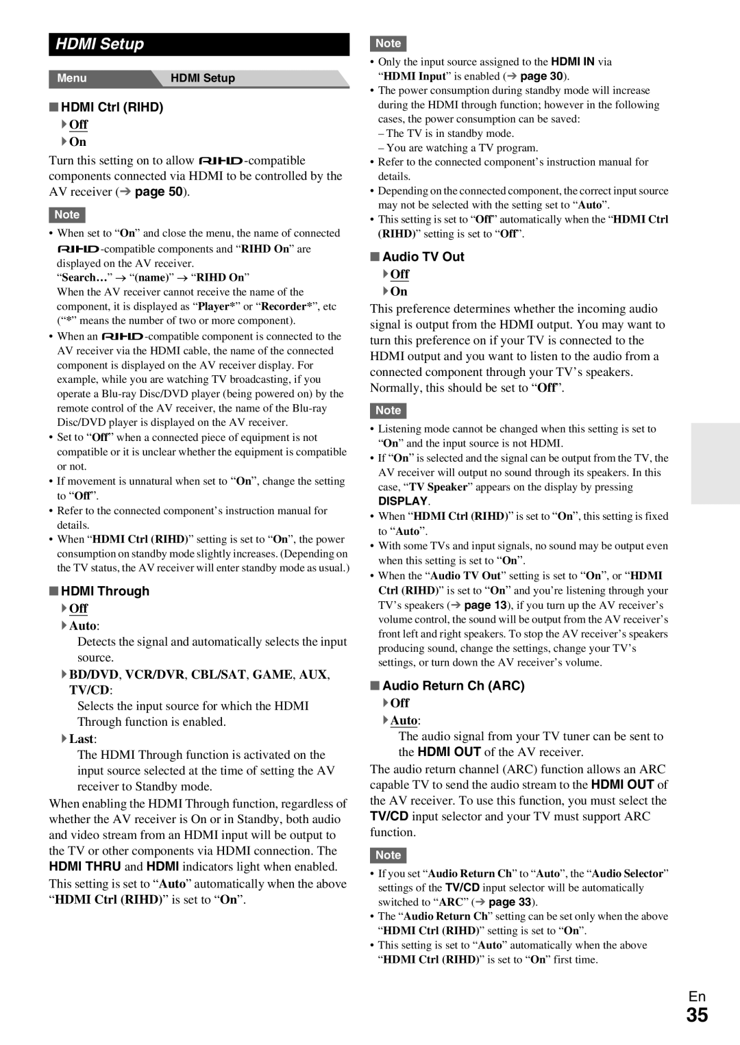 Onkyo TX-SR309 instruction manual Hdmi Setup, Hdmi Ctrl Rihd, Hdmi Through, Audio TV Out, Audio Return Ch ARC 