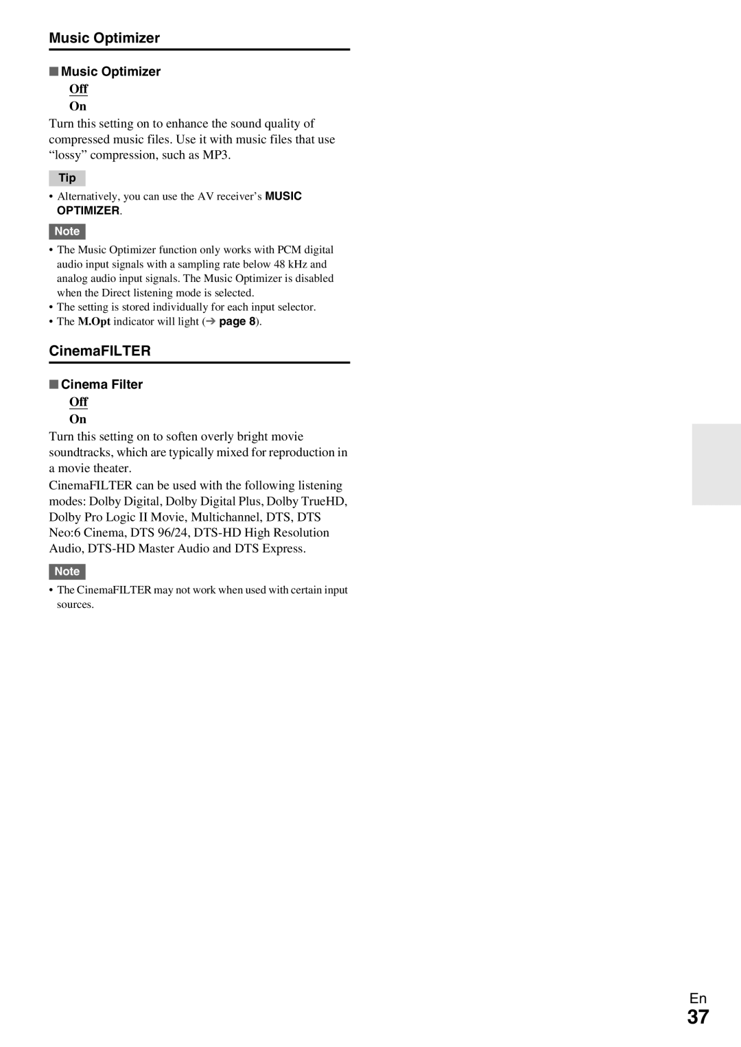 Onkyo TX-SR309 instruction manual Music Optimizer, CinemaFILTER, Cinema Filter 