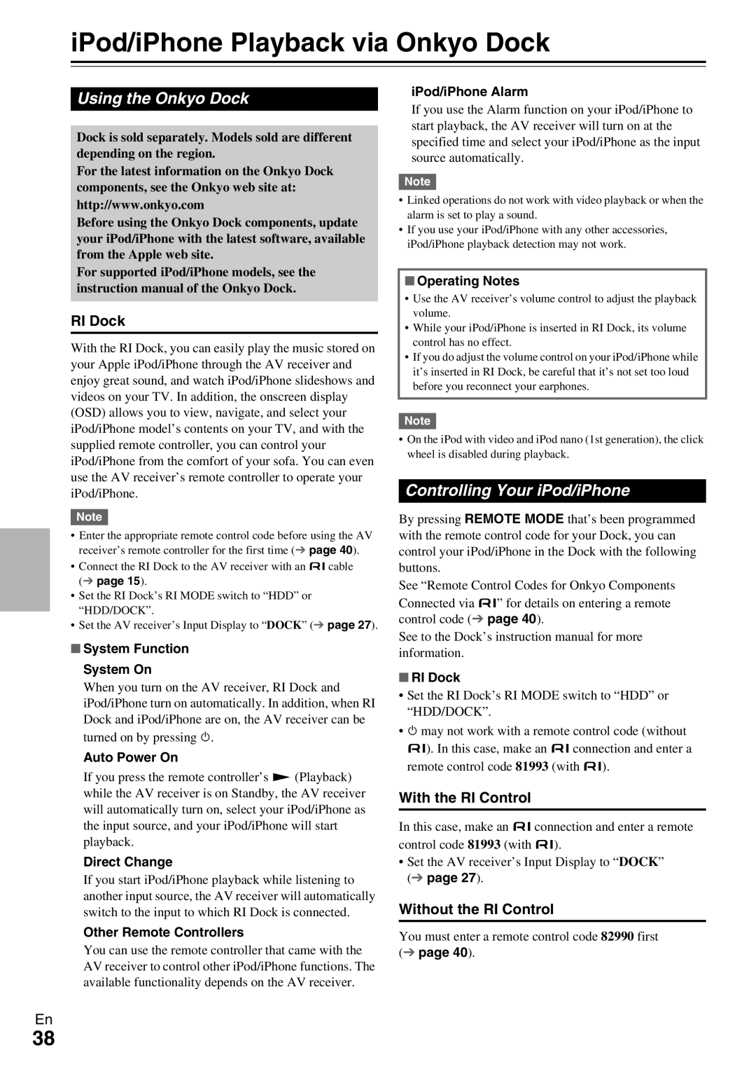 Onkyo TX-SR309 instruction manual IPod/iPhone Playback via Onkyo Dock, Using the Onkyo Dock, Controlling Your iPod/iPhone 