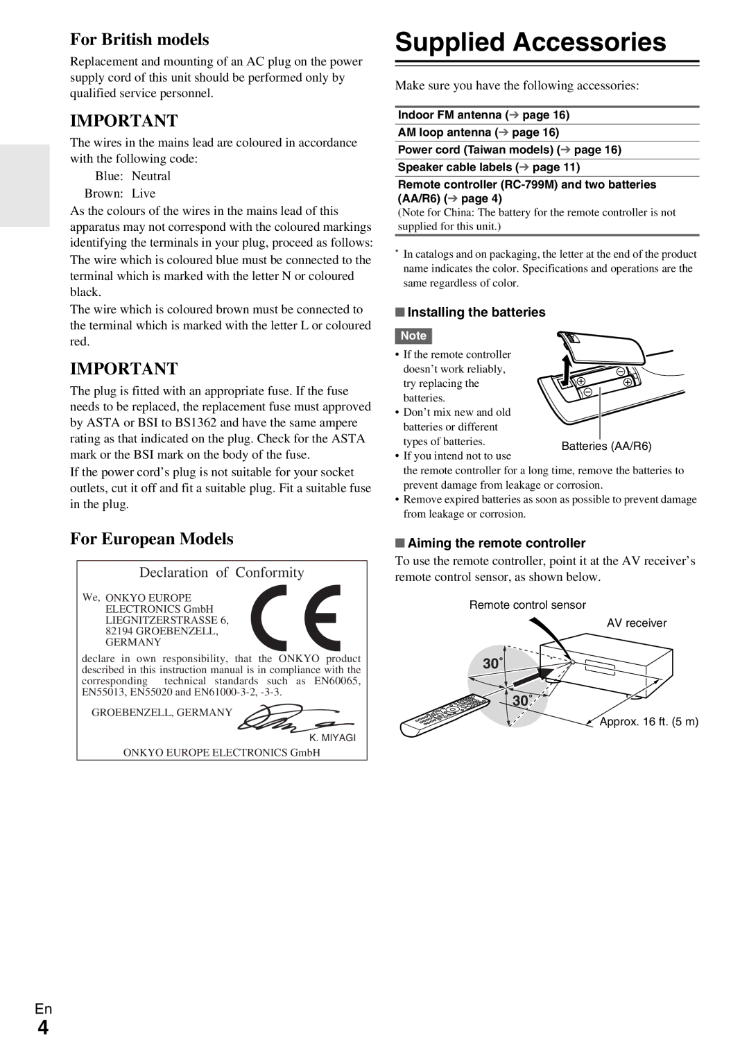 Onkyo TX-SR309 Supplied Accessories, Make sure you have the following accessories, Installing the batteries 